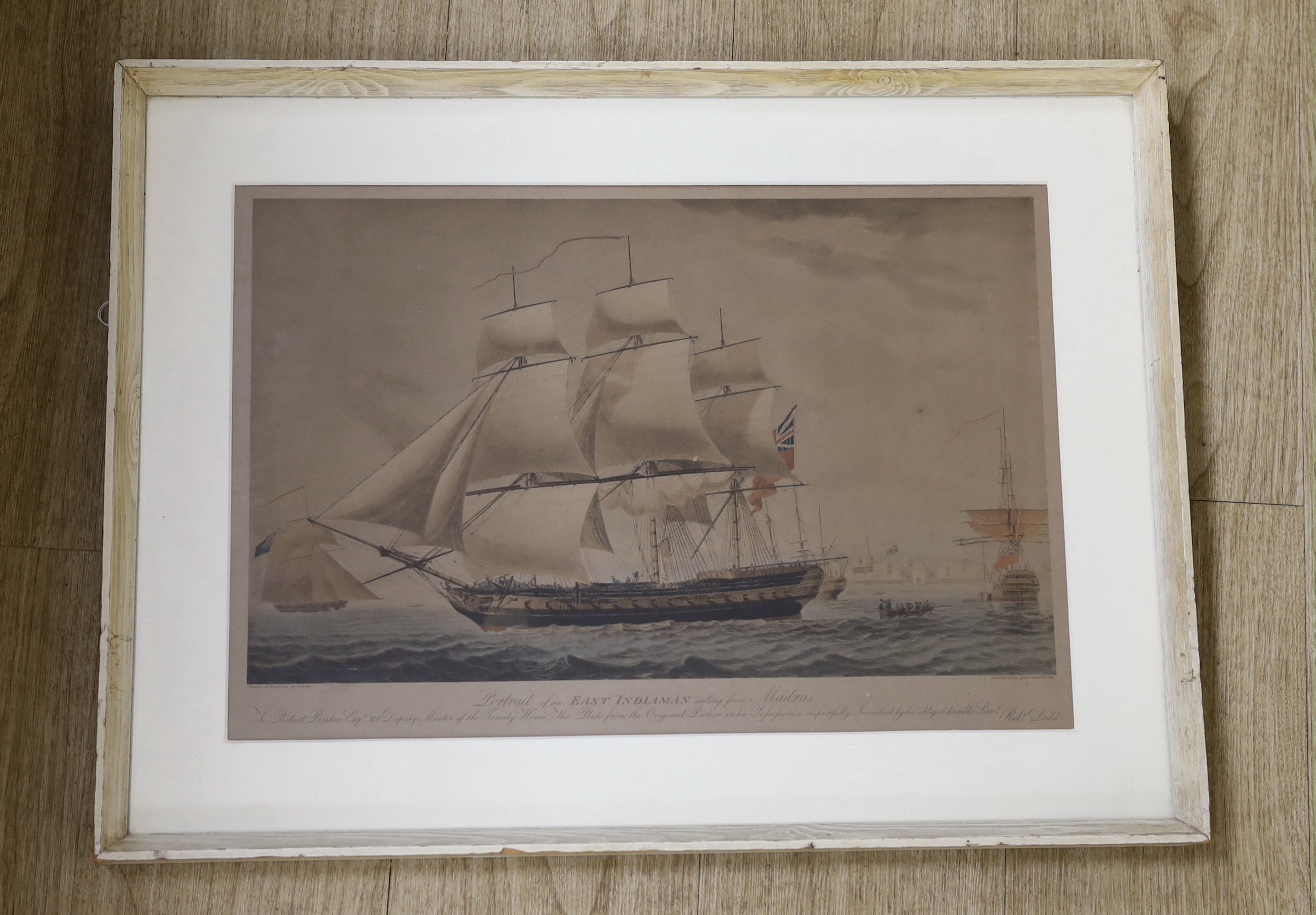 After Robert Dodd, colour reprint, 'An East Indiaman sailing from Madras 1797, 33 x 50cm